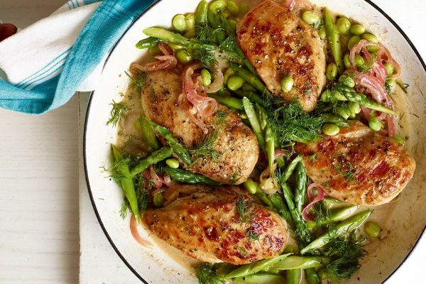 One Pan Spring Chicken with Asparagus and Edamame