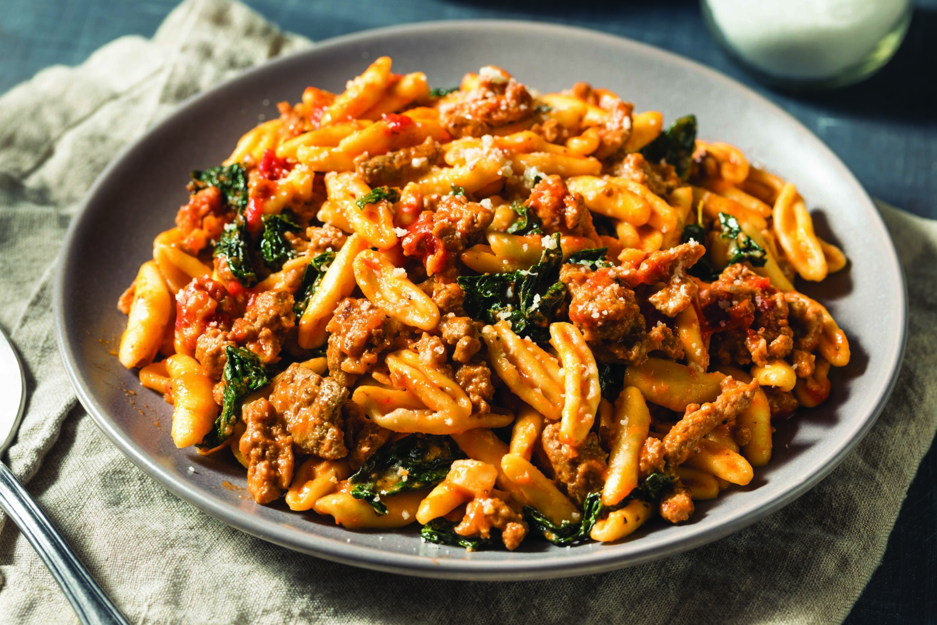 Homemade Cavatelli Pasta Dinner with Sausage and Spinach