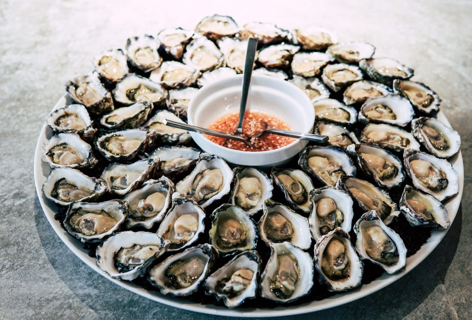 Bluff oysters on a massive plate with vinaigrette