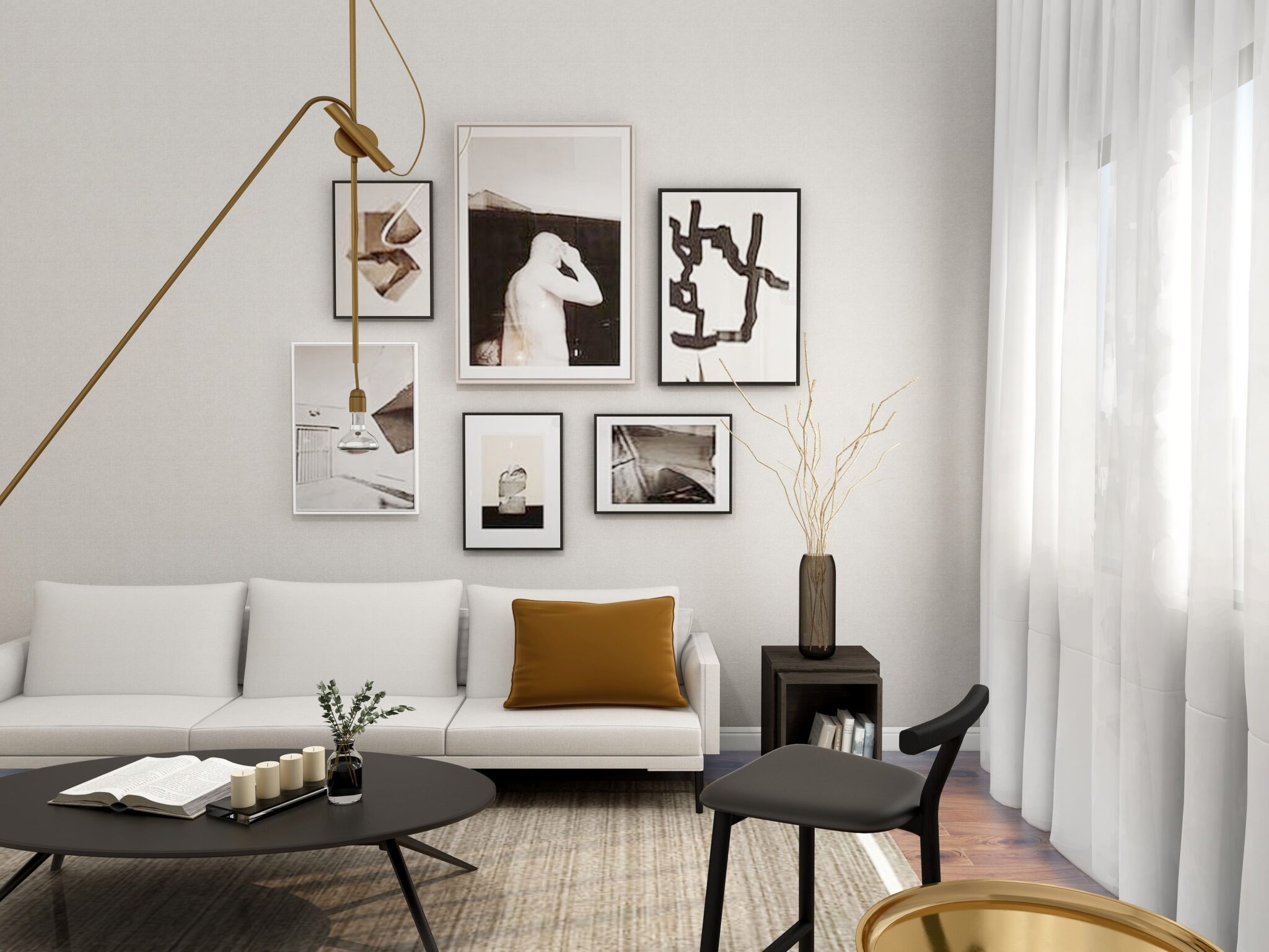 Lounge with graphic wall art and white couch.